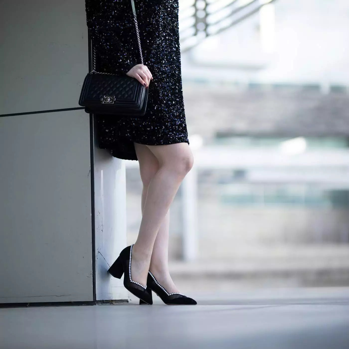 Ari Black With Pearl Embellishment Block Heel Pump