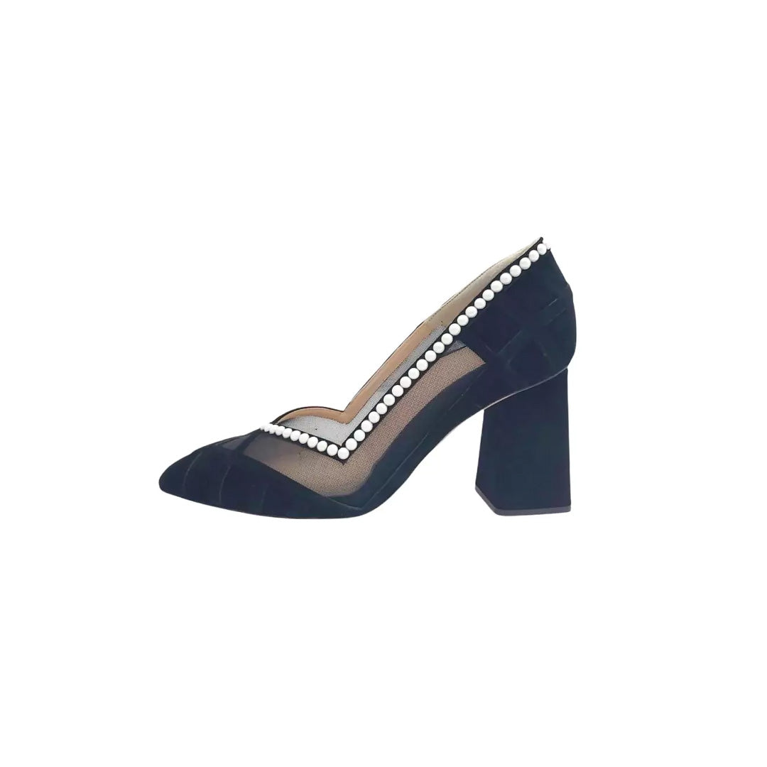 Ari Black Upper Mesh Block Heel Pump | E'MAR