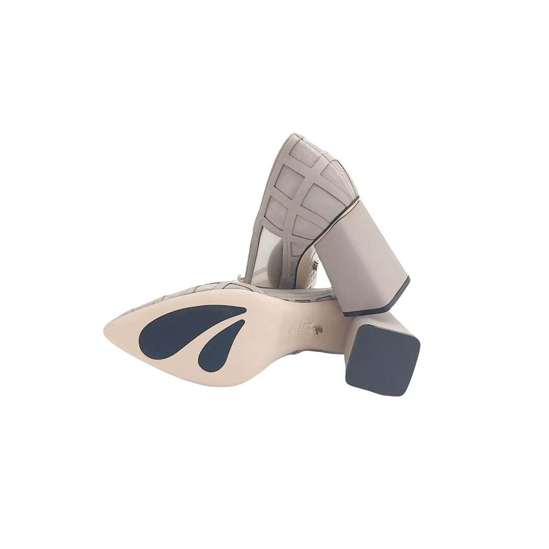 Ari Grey Upper Mesh Block Heel Pump | E'MAR