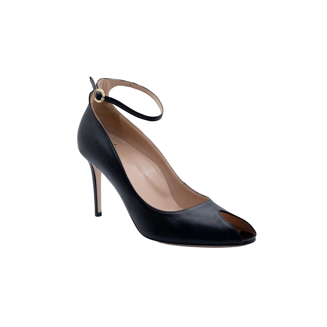 Raya Black Round Peep Toe Ankle Strap Heels | E'MAR