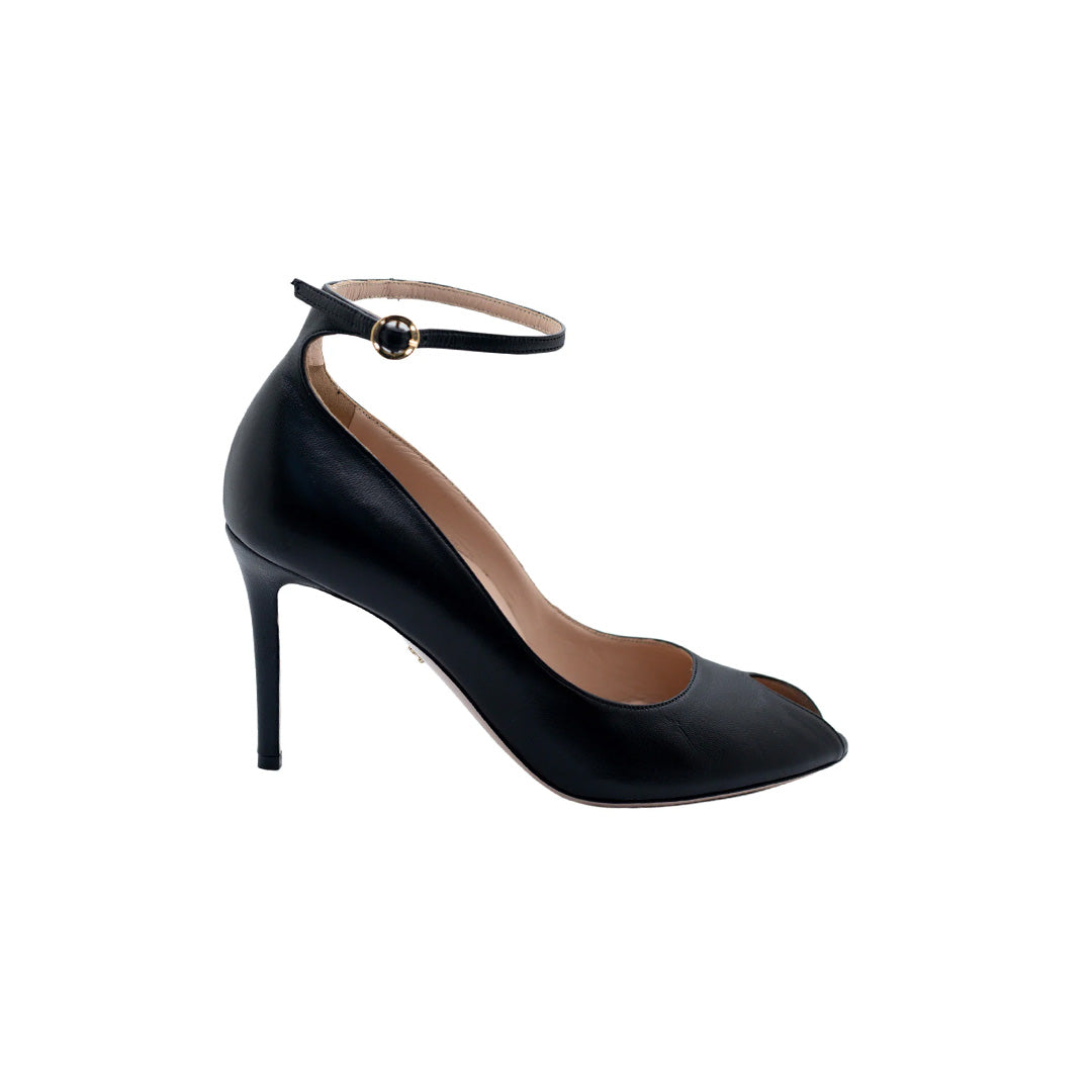 Raya Black Round Peep Toe Ankle Strap Heels | E'MAR