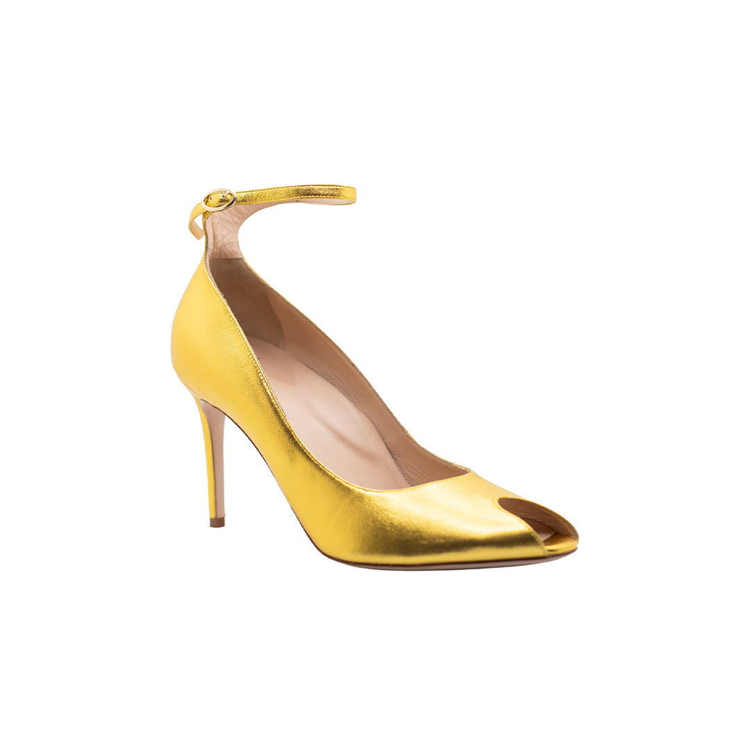 Raya Gold Round Peep Toe Ankle Strap Heels | E'MAR