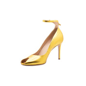 Raya Gold Round Peep Toe Ankle Strap Heels | E'MAR