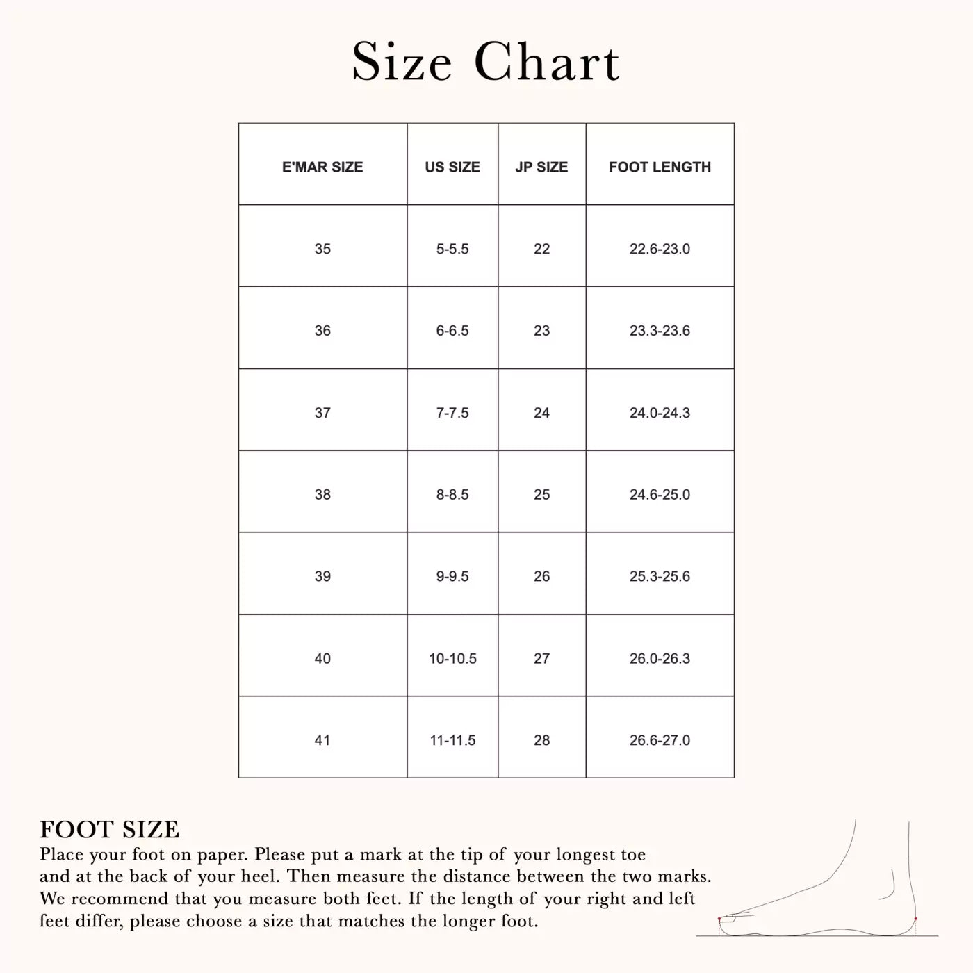 Size Chart Emar Ari Block Heel Pump
